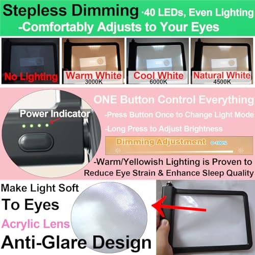 Bstsilver Large Hands-Free Magnifying Glass with 40LED Eye Care 3 Light & Detachable GooseNeck Bracket, Anti-Glare Lens Magnifier Rechargeable for Read, Close Work Needlework, Knit, Low Vision Senior - Thumbnail 5