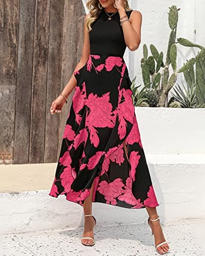 BTFBM Summer Dresses for Women 2026 Casual Spring Floral Sleeveless Ruffle Boho Cocktail Wedding Guest Party Midi Dress(Big Floral Rose Red, X-Large) - Thumbnail 2