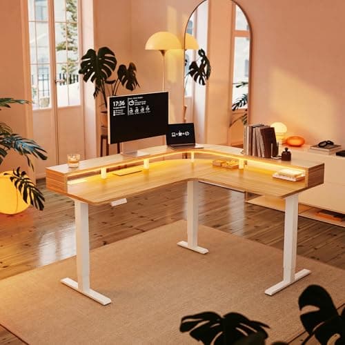 HUANUO L Shaped Electric Standing Desk with LED Strip & Power Outlets, 63" x 55" 2-Tier Height Adjustable Sit Stand up Desk, Large Corner Gaming Desk with Power Strip Holder, Light Walnut