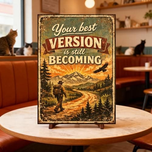 Your Best Version Is Still Becoming Tin Sign Inspirational Quote Metal Wall Decor Vintage Mountain Trail Artwork Motivational Rustic Plaque for Home Office Gym Cabin Man Cave Wall 8x12 Inch - Thumbnail 4