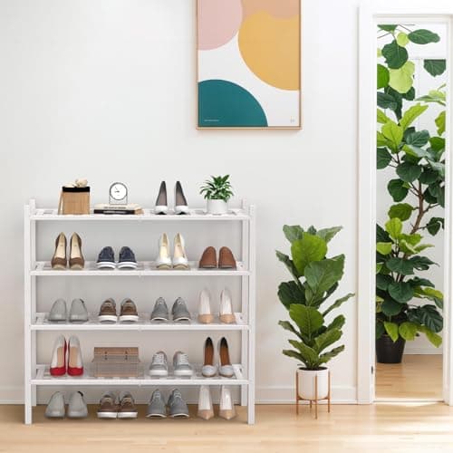 Haddockway 4 Tier Bamboo Shoe Rack Storage Organizer, Multifunctional Free Standing Stackable Shoe Shelf with Grid Panel for Closet,Hallway,Entryway,Small Space 27"x11"x26" - Thumbnail 2