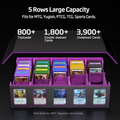 MORCCO Trading Card Storage Box 5-Row 3900+ Capacity,TCG MTG Card Case with Magnetic Lid & Commander Display,Top Loader Storage for Sports Cards,Includes Dividers Dice Box（Black Purple） - Thumbnail 3