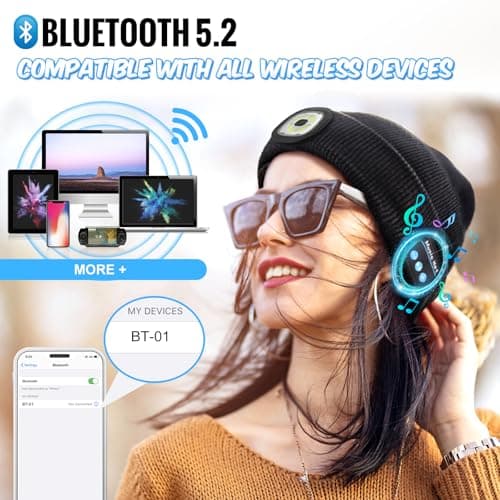 KEZKALS Gifts for Men LED Bluetooth Beanie Hat Camping Hiking Accessories, Gifts for Men Who Want Nothing, Cool Gadgets Anniversary Birthday Gift for Dad Husband Him Boyfriend, Cool Gadgets Black - Thumbnail 4