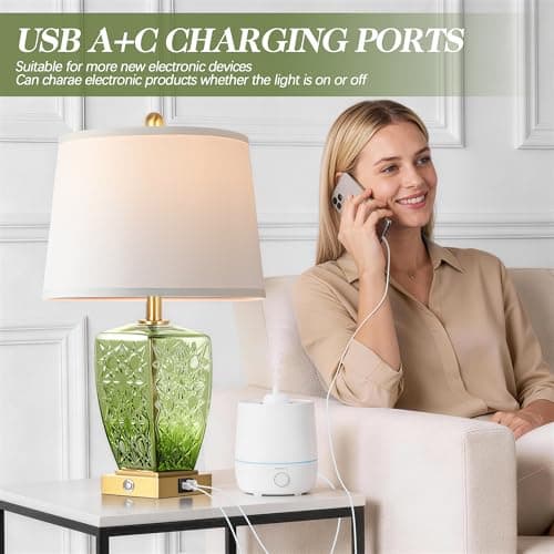 QiMH Glass Table Lamps for Living Room, Modern Bedside Lamps for Night Stands with USB A+C Ports, 3-Way Dimmable Touch Lamp for Bedroom Set of 2 with White Linen Shade Home Decor, Green - Thumbnail 4