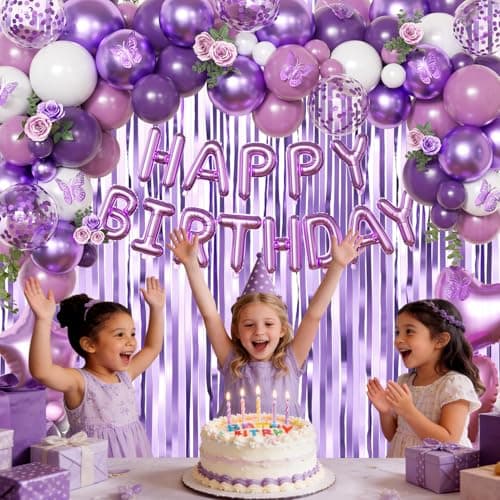 Purple Birthday Decorations for Women Girls, Metallic Dark Dusty Purple White Purple Foil Confetti Balloons Happy birthday Banner Purple Butterfly Fringe Curtains Birthday Decorations - Thumbnail 5