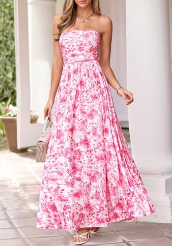 BTFBM Summer Maxi Dresses for Women 2026 Strapless Tube Top Floral Spring Wedding Guest Dress Beach Vacation Outfits(Pink Flower, XX-Large) - Thumbnail 2