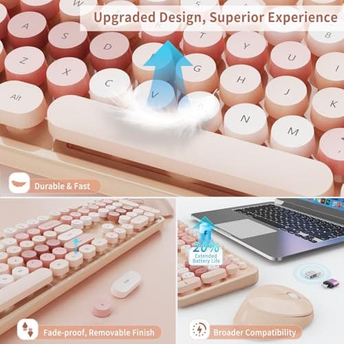 HotFox Wireless Keyboard and Mouse Combo, Full-Size Retro Typewriter Keyboard with Round Keycaps, Ergonomic Design for Windows PC, Home and Office Use -Brown - Thumbnail 6