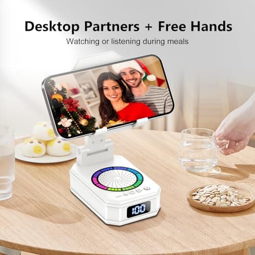 buwy Gifts for Men Women, Cell Phone Stand with Wireless Bluetooth Speaker and Colorful LED Lights, Anti-Slip Base HD Surround Sound, Rechargeable (3000mAh), Home and Outdoors Bluetooth Speaker White - Thumbnail 2