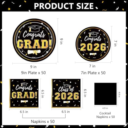 Graduation Decorations 2026 Class of 2026 Congrats Grad Disposable Paper Plates Luncheon Napkins Cocktail Napkins Black Gold Graduation Party Supplies Serve 50 - Thumbnail 3