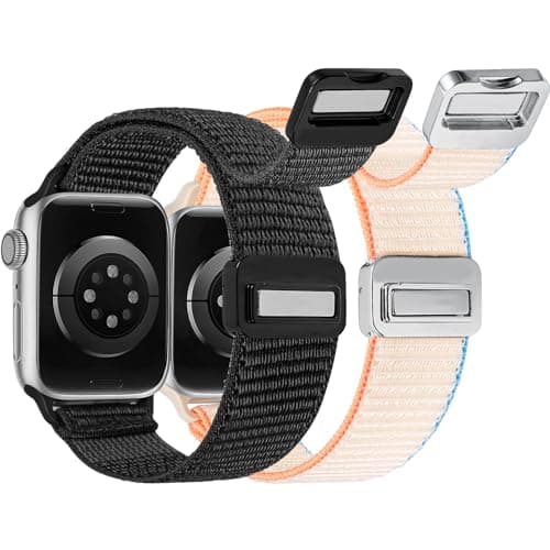 Crodi 2 Packs Nylon Loop Sport Bands Compatible with Apple Watch Band 38/40/41/42mm Women Men, Strong Magnetic Adjustable Straps for iWatch Series 11 10 9 8 7 6 5 4 SE/Ultra 3 2 1, Black&Starlight - Image 1