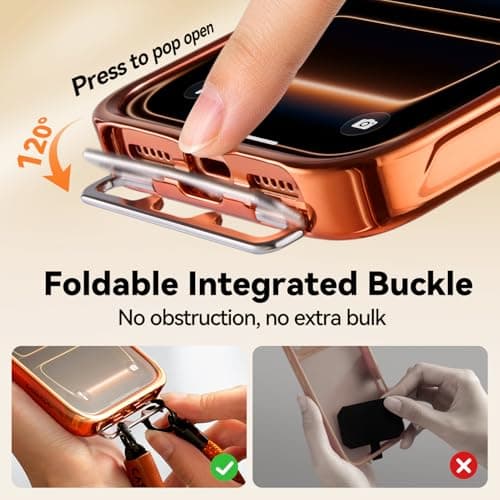 CASEKOO Linkoo 1st Magnetic iPhone 17 Pro Max Phone Case with Strap, Built-in Foldable Hidden Tab, Anti-Fall Lanyard, Aluminum Alloy Lens Protection, Tether Case, Hiking Daily Commute, Glossy Orange - Thumbnail 2