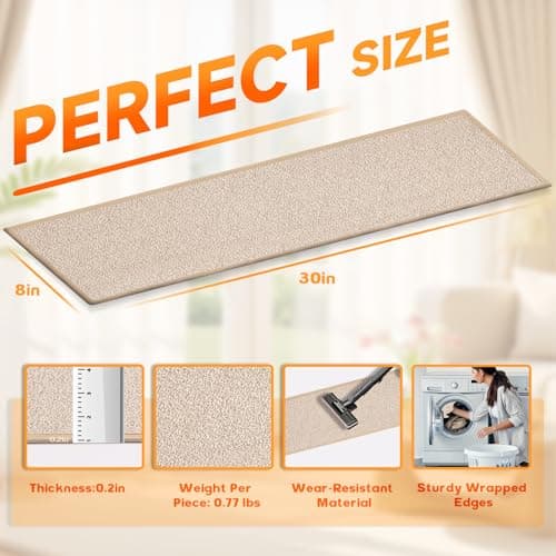 Carpet Stair Treads Non Slip Stair Runner for Wooden Steps Indoor,Resistant Stair Rugs Rubber Backing,Stair Rugs Mats for Kids, Elders,Pets,Beige,8"x30",4 Pieces - Thumbnail 2