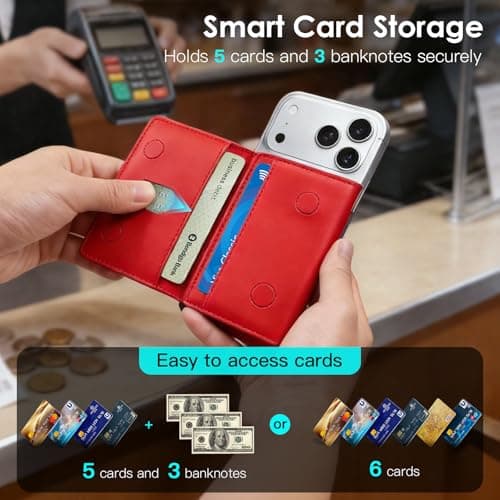 for Magsafe Wallet with Find My,6 Cards Holder,RFID Blocking,Strongest Magnetic Wallet for iPhone 17/16/15/14/13/12 Series,Not for 13/12 Mini,Leather magnetic card holder with Finder Tracker,Red - Thumbnail 4