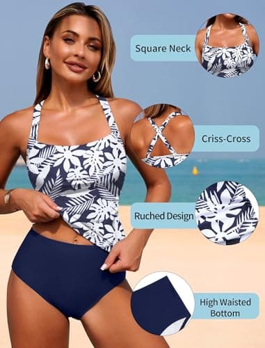 ZAFUL Tankini Swimsuits for Women Bathing Suits Ruched Full Coverage Slimming Two Piece Tummy Control Swim Suits White Blue Flower M - Thumbnail 4