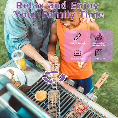 GAUYEBY Rolling Grill Basket, Grilling Baskets for Outdoor Grill, REMOVABLE HANDLE, Anti-Scorch Stainless Steel BBQ Net Tube for Meat, Shrimp, Vegetables, BBQ Gifts for Dad, Husband (Octagon) - Thumbnail 2