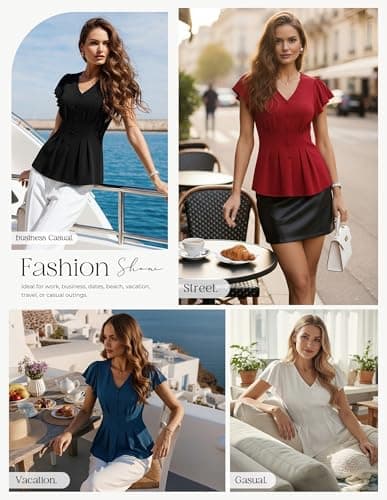 GRACE KARIN Summer Blouses for Women Dressy Casual, 2026 Ruffle Sleeve Peplum Tops, V Neck Business Work Shirts Red L - Thumbnail 2