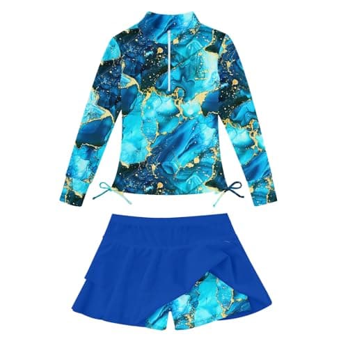 Bathing Suits for Girl 5/6 Swimsuit 2 Pieces Girls Blue Bikini Size 5 6 Little Girl's Marbled Rashguard for Kids Coverup Half Zipper Swimwear UPF50+ Tankini Half Zipper Cover Ups Beachwear UPF50+