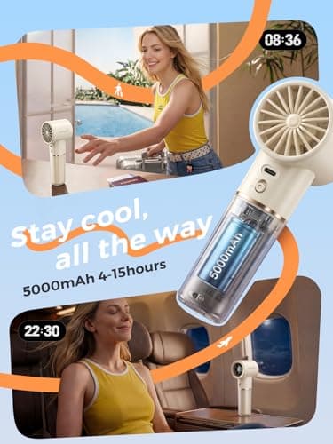 Cheerair Handheld Portable Fan, 6-Speed Powerful Mini Personal Fan, Rechargeable 5000mAh Battery with Up to 15 Hours Runtime, Pocket Turbo Fan with Smart LED Display, Ideal for Travel, Camping, Makeup - Thumbnail 3