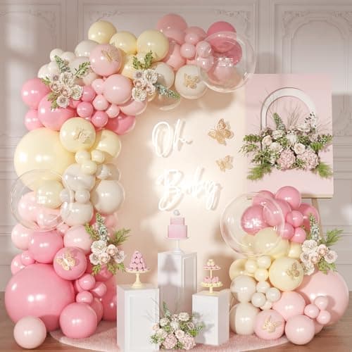 NUTTYBASH Pink and Yellow Balloon Arch Garland Kit 126Pcs Pastel Light Pink Sand White Balloons for Birthday Baby Shower Bridal Shower Wedding Bee Bear Party Decorations