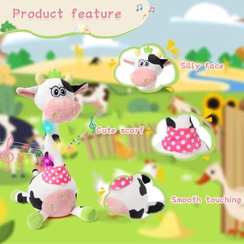 LLUKEME Cute Easter Dancing Cow Plush Toy with Wiggling Neck | LED Lights | Voice Record & Repeat | 10 Children’s Songs | Safe Toy for Boys Girls Age 1-3 | Easter Gifts for Toddlers - Thumbnail 2