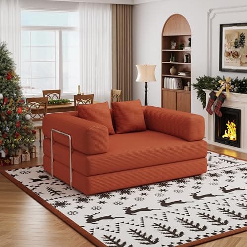 Convertible Futon Sofa Bed, 2 Seater Corduroy Floor Queen Size Bed Foldable Sleeper Lounge Boneless Loveseat Couch with 2 Throw Pillows for Living Room Bedroom Guest Room(Orange, 53.15"Double Sofa)