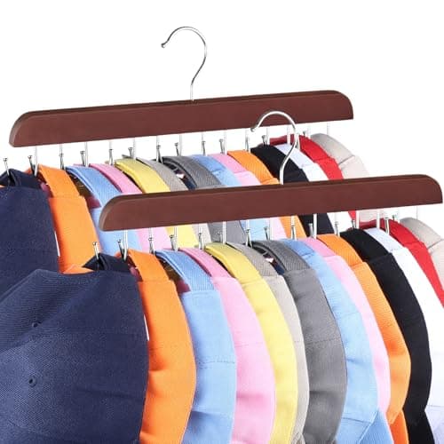 Hat Hangers for Closet, 2 Pack Hat Organizer for Baseball Caps with 14 Hooks Space Saving Hat Racks Ball Caps Hat Holder Organizer Tie Belt Hanger for Closet Storage Solution (Brown) - Image 1