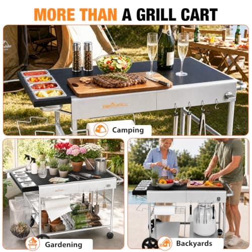 BBQMall Pizza Oven Table Grill Cart with Topping Station, Grill Table Stand with Wheels for Ninja, Blackstone Griddle, Ooni, Gozney, Cuisinart, Heavy Duty BBQ Prep Cart with Storage Shelf and Hooks - Thumbnail 4
