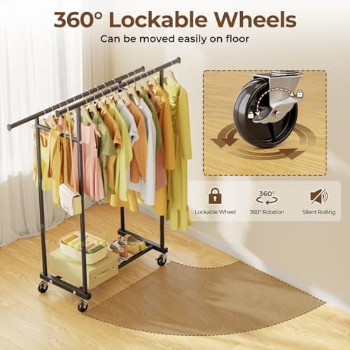 HYSEYY Double Rods Clothes Rack, Rolling Clothing Rack for Hanging Clothes Portable Wardrobe Rack, Metal Garment Rack Sturdy Coat Rack for Bedroom Laundry Living Room, Black - Thumbnail 4