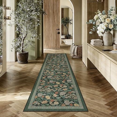 HUGEAR Retro 2x8 Runner Rugs Washable Hallway Rug Vintage Floral Throw Carpet Dark Green Stain Resistant Non Slip Low Pile for Home Aesthetic Modern Decor - Image 1