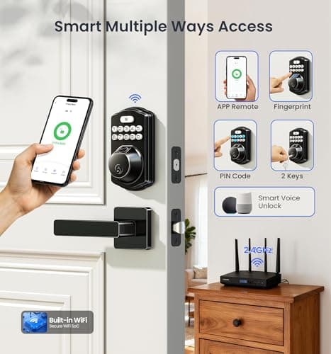 Veise VE012W-L Built-in Wi-Fi Fingerprint Smart Lock with Lever Handle Set, App Remote Control, Keyless Entry for Front Door, Deadbolt Digital Backlit Keypad, Voice Assistant, Auto Lock, Matte Black - Thumbnail 2