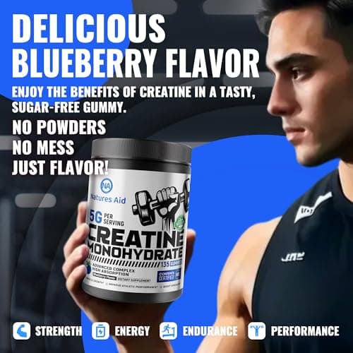 Natures Aid Creatine Monohydrate Gummies (5g) – Pre-Workout Energy & Muscle Growth Support for Men & Women | Blueberry Electrolyte Gummies (135 Count) - Thumbnail 6