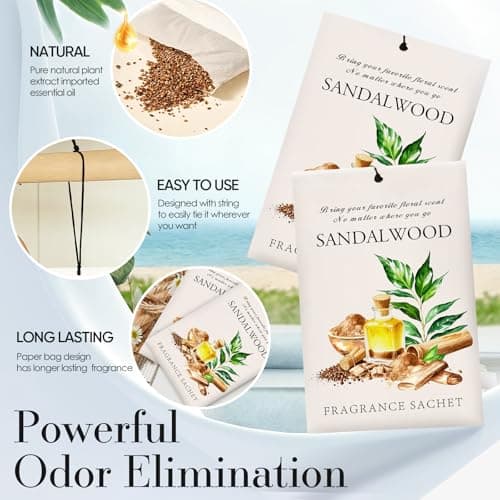 HOMELLAX Sandalwood Scented Sachet Bags - 12 Pack Drawer & Closet Freshener, Long Lasting Odor Eliminator for Wardrobes, Cars & Storage, Home Fragrance Air Freshener Sachets - Thumbnail 2