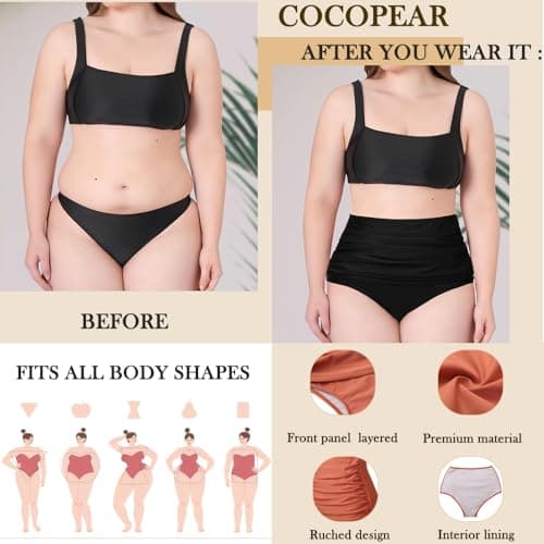 COCOPEAR Women's High Waisted Full Coverage Bikini Bottom Ruched Bathing Suit Bottoms for Women Tummy Control Swim Bottoms Pink 2XL - Thumbnail 5