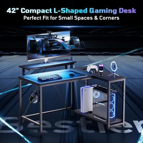 Bestier Gaming Desk with Power Outlets, 42" L-Shaped Computer Desk with LED Lights, Desk with Reversible Storage Shelves & Hooks for Small Spaces, Bedrooms & Offices, Black Carbon Fiber - Thumbnail 3