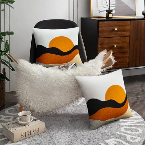Pyonic Boho Abstract Throw Pillows,18x18 Bohemian Mid-Century Decorative Throw Pillow Covers,Modern Sunrise Square Cushion Cover for Sofa Bedroom Living Room（Only 1Pcs Pillow Covers） - Thumbnail 4