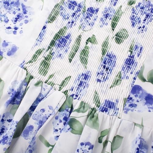 GRACE KARIN Summer Floral Dress for Women 2026,Off the Shoulder Smocked Bridesmaid Dresses,Formal Baby Shower Maxi Dresses White Blue Hydrangea L - Thumbnail 5