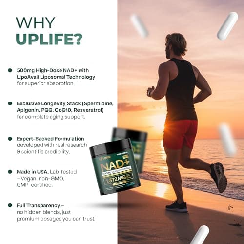 UPLIFE NAD+ Supplement 1,372mg Liposomal NAD+ with CoQ10, Resveratrol, Spermidine, L-Theanine, Apigenin & PQQ NMNH Alternative Booster for Cellular Energy, Healthy Aging, Immune Health 120 Capsules - Thumbnail 6