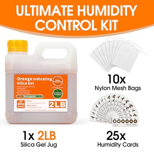 MATEAM 2LBS Cobalt-Free Orange Indicating Silica Gel, Safe Reusable Desiccant Beads with 10 Nylon Bags & 25 Humidity Test Cards, 3D Printer Desiccant & Storage Packs - Thumbnail 2