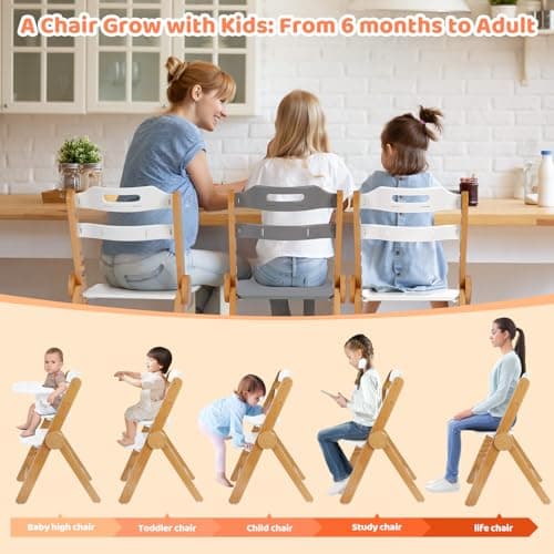 Ezebaby Foldable Wooden High Chair, No-Tools Adjustable Baby High Chair for Toddlers to Adult, Space-Saving Space Highchairs with Double Tray & Washable Cushion (Modern White) - Thumbnail 2