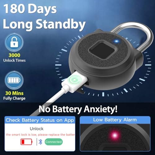 Keylesslife Fingerprint Padlock,Fingerprint Locker Lock,Biometric Smart Padlock Outdoor Waterproof Pad Lock for Locker Gym Fence Gate Toolbox Case Storage - Thumbnail 5
