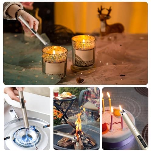 SUPRUS Electric Lighter Candle Type C Rechargeable Lighter with Upgraded LED Battery Display Safety Switch Flameless Plasma Windproof for Candle Cooking BBQs Fireworks (Champagne Gold) - Thumbnail 4