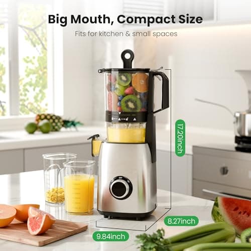 Kismile Cold Press Juicer, 5.6" Wide Feed Chute Juicer Machine, 300W Slow Masticating Juicer with High Juice Yield, Easy to Clean, for Whole Fruits and Vegetables, Celery Juicer, Stainless Steel - Thumbnail 4
