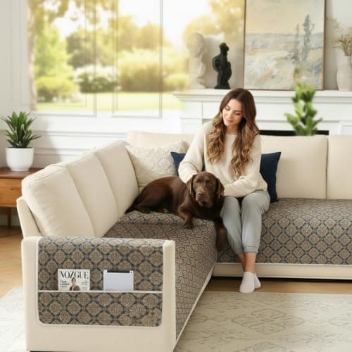 ALIECOM L Shaped Couch Cover for Sectional Sofa Waterproof Sofa Slipcover Non Slip Corner Couch Covers for Dogs Cats (Large, Floral Beige & Navy) - Thumbnail 2