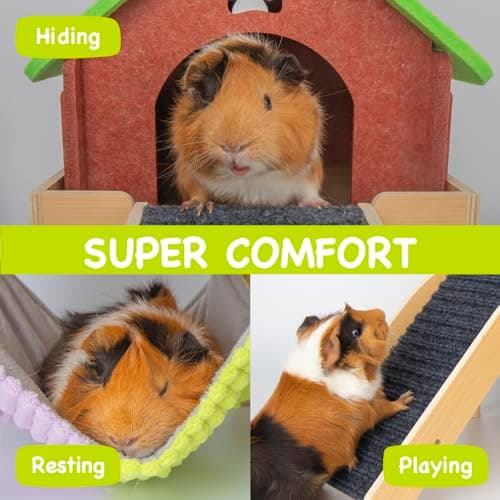 BESNEW 3 in 1 Enlarged Guinea Pig Hammock,Wooden Guinea Pig Hideout with House & Platform & Stairs Small Animal Toys for Hiding Sleeping Activities - Thumbnail 3
