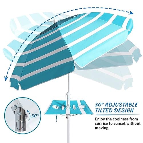 Beach Umbrella - Beach Umbrella for Sand Wind Portable with Tilt Pole, 6.56 FT Arc Length 5.9 FT Diameter, Heavy Duty Wind Resistant Striped Large Umbrellas, UV 50+ Parasol with Anchor Screw Adjustable Height and Foldable Table Board - Thumbnail 4