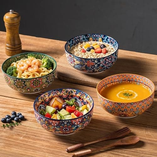 Porcelain Bowl Set of 4, 24 oz, 6 Inche Deeply Bohemia Bowl Set Large Ceramic Bowl Spaghetti Bowl, for Salad Pasta Soup Cereal Oatmeal Fruit, Microwave & Dishwasher Safe Gift Handmade-Style Print - Thumbnail 2
