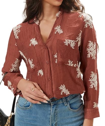 Women's Long Sleeve Sheer Floral Embroidered See Through Button Down Blouse Lightweight Boho V Neck Shirts X-Large YG010 Wine Red XL - Thumbnail 2