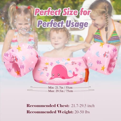 HeySplash Swim Vest for Kids, Toddler Pool Floaties Fit 22-55 Lbs, Swimming Vest with Adjustable Strap, Swim Jacket Water Wings Arm Floats, Puddle Beach Boat Jumper for Boys Girls, Pink Whale - Thumbnail 4