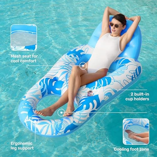 SLOOSH Pool Lounge Float Adult, Inflatable Pool Floats Lounger Raft Floaties Water Floating Recliner Chair with Cup Holders Foot Rest Swimming Floaty, Blue - Thumbnail 4