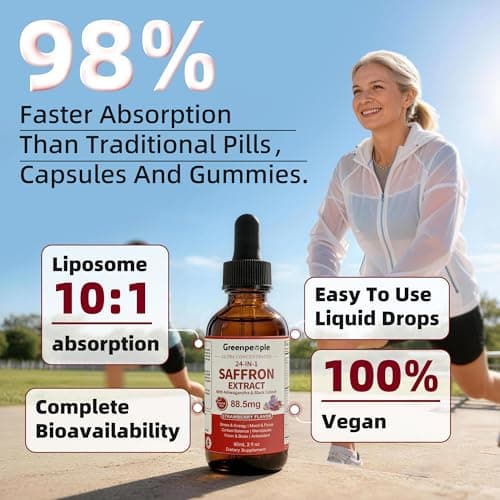 GREENPEOPLE Saffron Extract Supplements Drop - 24-in-1 88.5mg Saffron Extract with Ashwagandha,Black Cohosh & Lion's Mane for Mood&Focus,Stress Relief,Cortisol Reducer,Menopause – Vegan 2FL OZ - Thumbnail 2